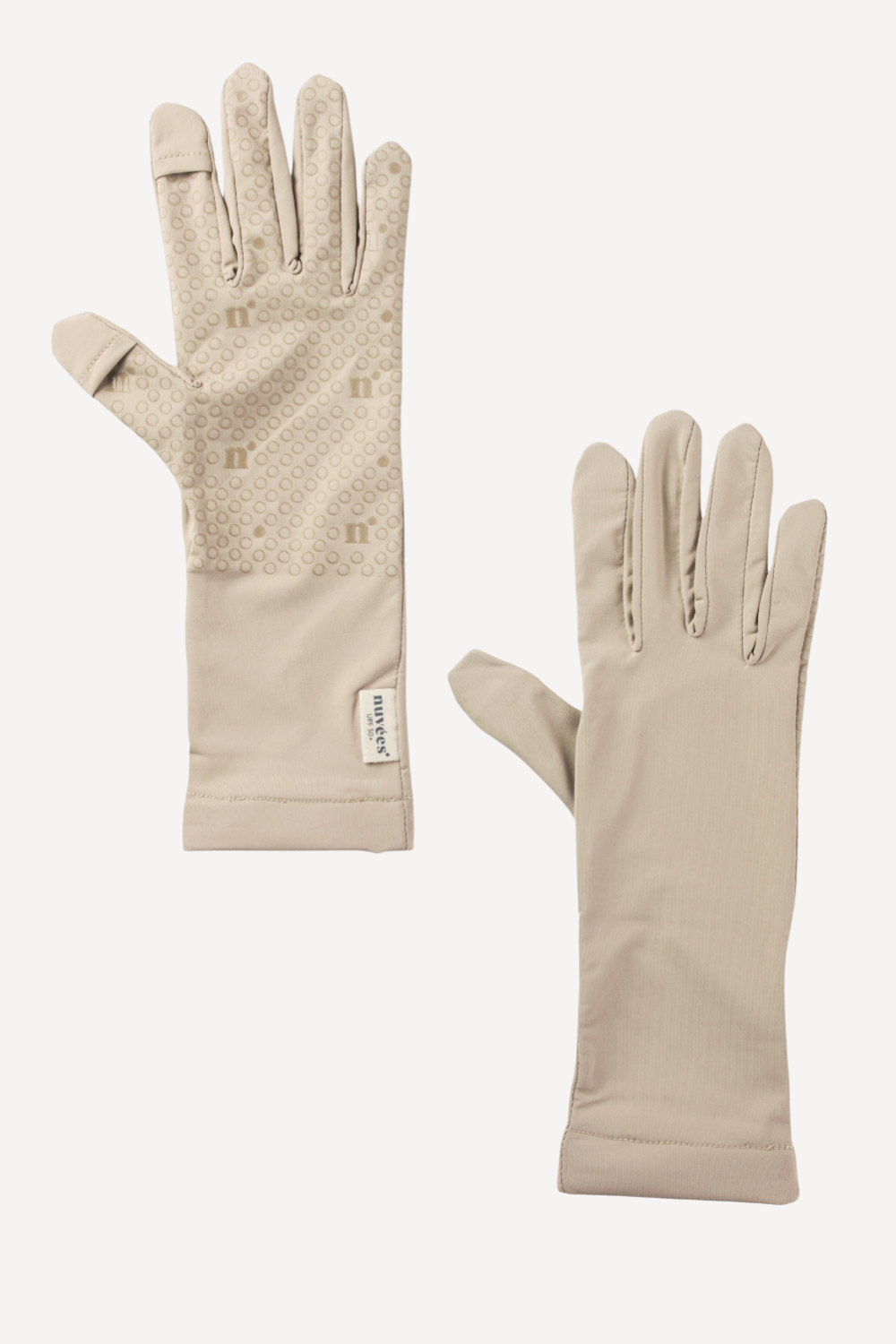 Gants anti-UV beige pour femme, légers et confortables, offrant une protection UPF50+ pour activités extérieures.