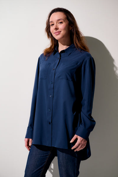 Chemise longue anti-UV - Faro, bleu marine, pour femme, élégante et légère, offrant une protection solaire UPF 50+.