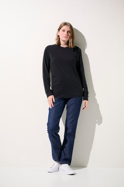 T-shirt anti-UV noir UPF 50+ pour femme, confortable et léger, parfait pour les activités de plein air.