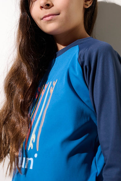 T-shirt de bain anti-UV - Fidji, bleu pour enfant, manches longues, léger et respirant, idéal en extérieur.