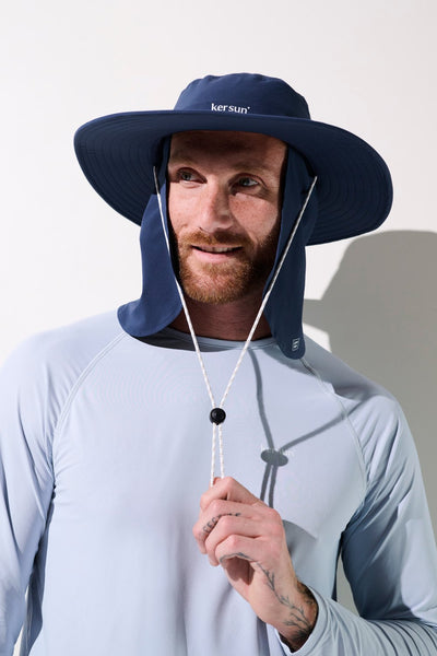 Cache-nuque anti-UV Gobi bleu pour homme, léger avec protection solaire UPF 50+, idéal pour activités sous le soleil.