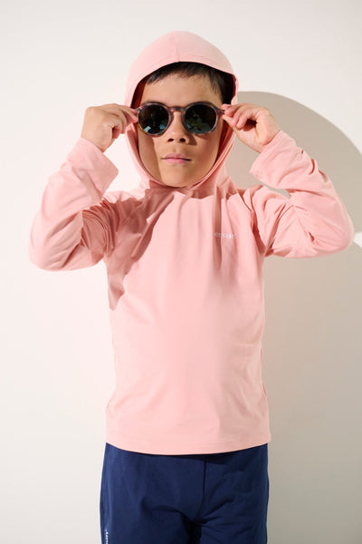 T-shirt anti-UV à capuche - Oasis en rose pour garçon, léger et UPF 50+ pour une protection solaire amusante.