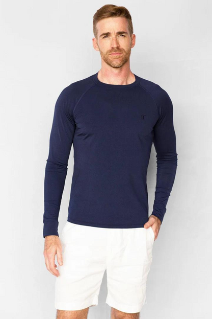T-shirt de bain anti-UV pour homme, manches longues, UPF 50+, couleur marine, idéal pour les activités aquatiques.