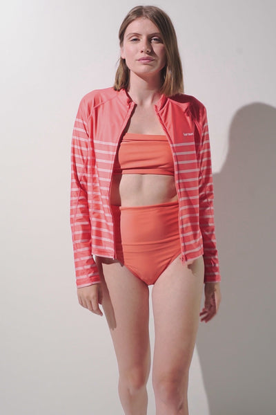 Veste de bain anti-UV - Moorea en rayures orange pour femme, légère et respirante, idéale pour baignades et soleil.